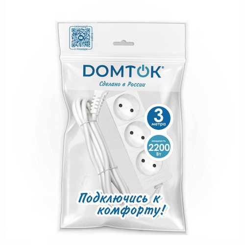 Удлинитель 3х3м без заземл. 10А IP20 2.2кВт ПВС 2х0.75 бел. DOMTOK 2371 фото 3