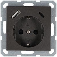 Розетка Shuko 16А с заземл. защ. шторки с 2-мя заряд. устройствами USB тип A+C 25Вт механизм мокко Jasmart G5501USB-25Z