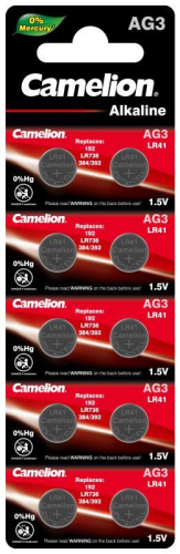 Элемент питания алкалиновый "таблетка" G 3 Mercury Free AG3-BP0%Hg 392A/LR41/192 BL-10 (блист.10шт) Camelion 12811
