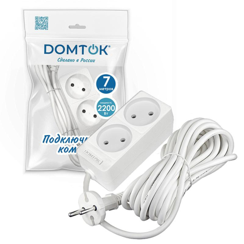 Удлинитель 2х7м без заземл. 10А IP20 2.2кВт ПВС 2х1 бел. DOMTOK 2348 фото 2