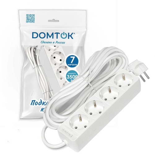 Удлинитель 4х7м с заземл. 16А IP20 3.5кВт ПВС 3х1 бел. DOMTOK 2398 фото 2