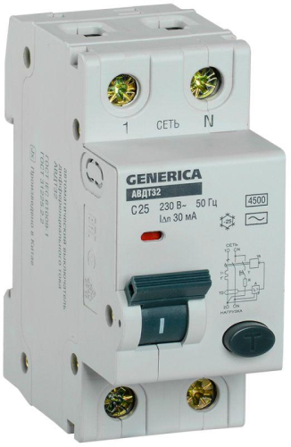 Выключатель автоматический диф. тока C25 30мА АВДТ 32 GENERICA IEK MAD25-5-025-C-30 Выключатель автоматический диф. тока C25 30мА АВДТ 32 GENERICA IEK MAD25-5-025-C-30