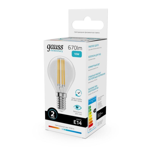 Лампа светодиодная филаментная Filament Elementary 10Вт шар 4100К Е14 670лм GAUSS 52120 фото 2