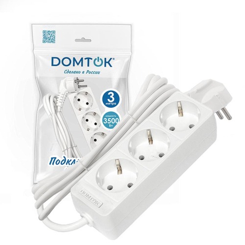 Удлинитель 3х3м с заземл. 16А IP20 3.5кВт ПВС 3х1 бел. DOMTOK 2391 фото 2