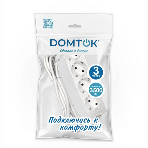 Удлинитель 4х3м с заземл. 16А IP20 3.5кВт ПВС 3х1 бел. DOMTOK 2396