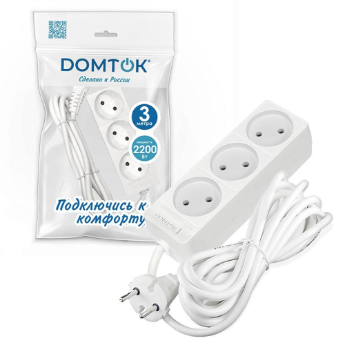 Удлинитель 3х3м без заземл. 10А IP20 2.2кВт ПВС 2х1 бел. DOMTOK 2351 фото 2
