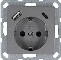 Розетка Shuko 16А с заземл. защ. шторки с 2-мя заряд. устройствами USB тип A+C 25Вт механизм алюм. Jasmart G5501USB-25S