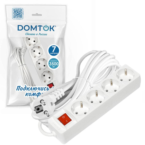 Удлинитель 4х7м с заземл. 16А IP20 3х1 с выкл. бел. DOMTOK 2501 фото 3