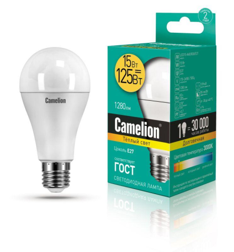 Лампа светодиодная LED15-A65/830/E27 15Вт грушевидная 3000К тепл. бел. E27 1280лм 170-265В Camelion 12196 / 12185 Лампа светодиодная LED15-A65/830/E27 15Вт грушевидная 3000К тепл. бел. E27 1280лм 170-265В Camelion 12196 / 12185
