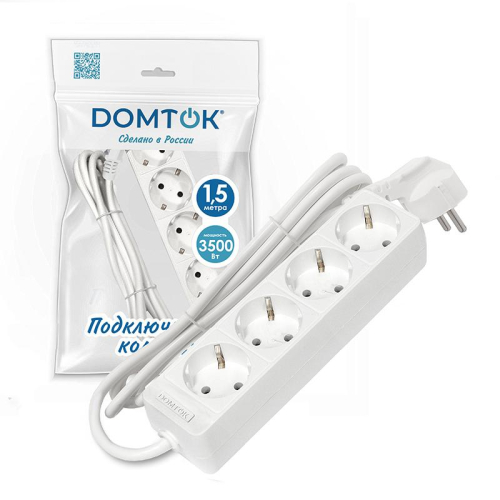Удлинитель 4х1.5м с заземл. 16А IP20 3.5кВт ПВС 3х1 бел. DOMTOK 2394 фото 2