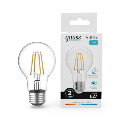 Лампа светодиодная филаментная Filament Elementary А60 11Вт 4100К Е27 930лм GAUSS 22221