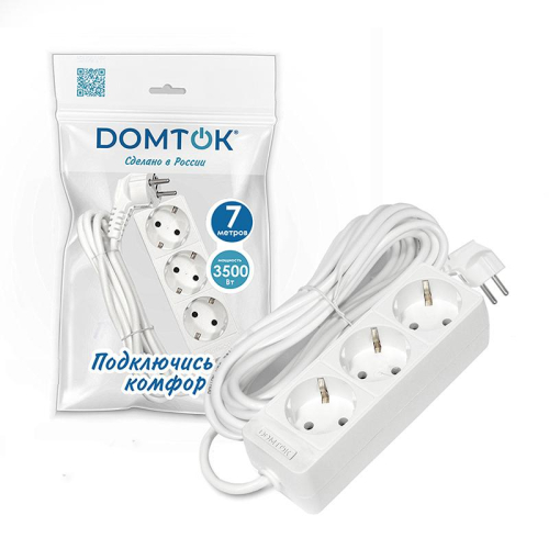 Удлинитель 3х7м с заземл. 16А IP20 3.5кВт ПВС 3х1 бел. DOMTOK 2393 фото 3